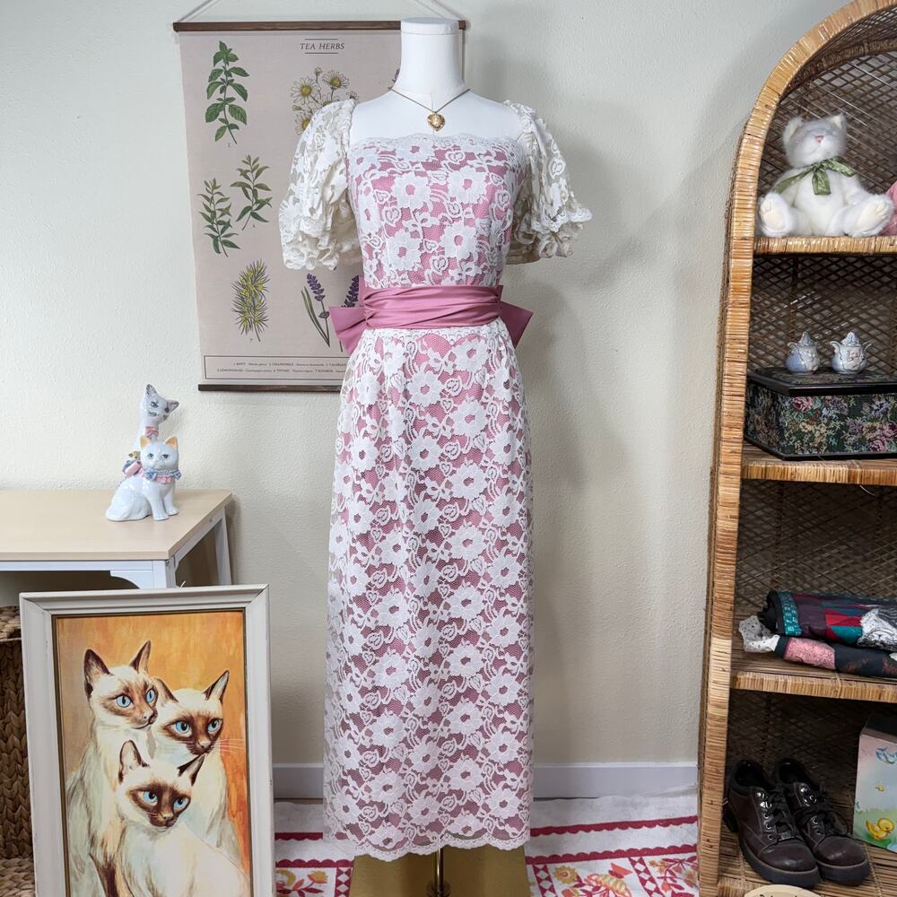 Vintage 80s 90s Pink Big Bow Floral Lace Dress Whimsy Princess Coquette Fairy S